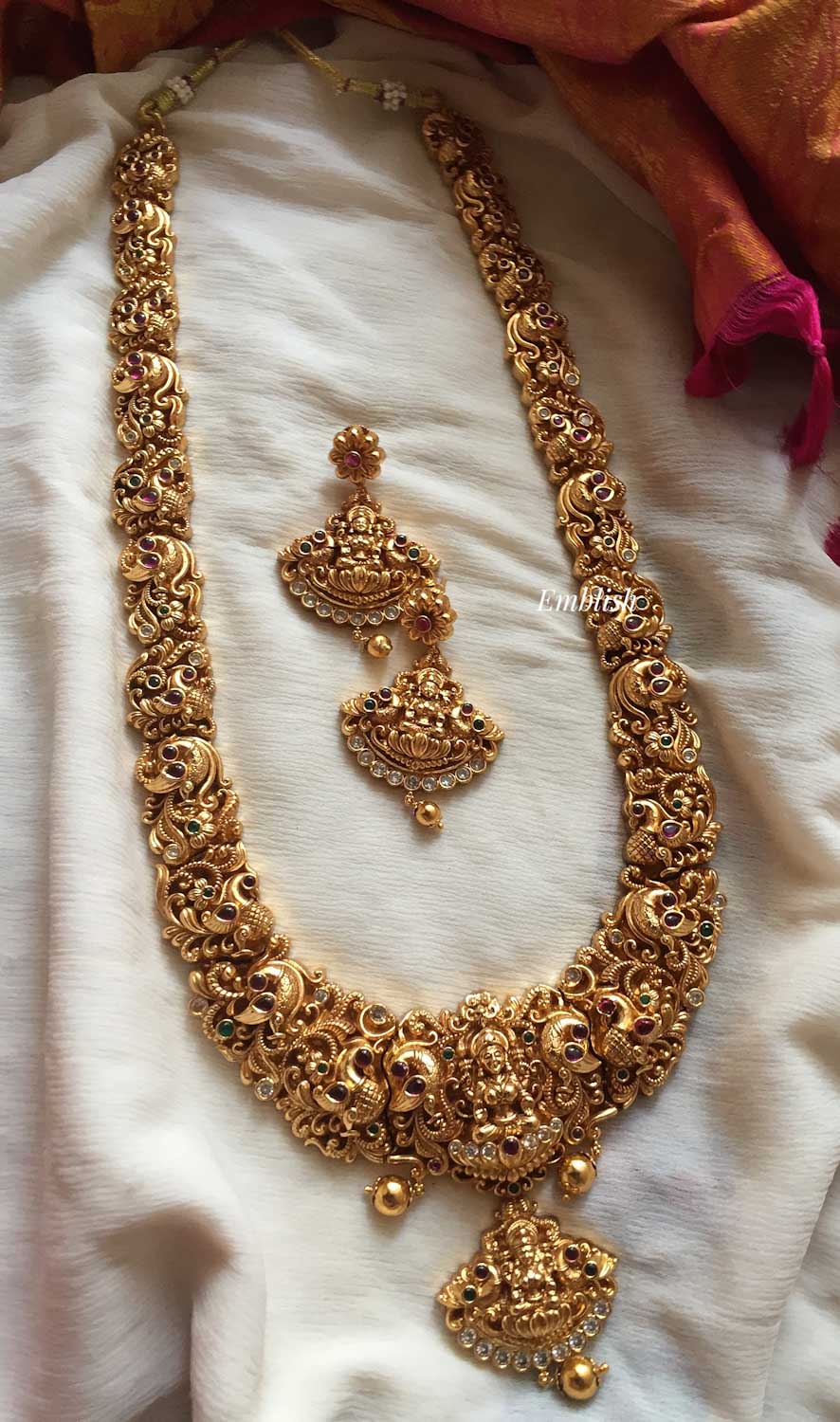 Gold alike Lakshmi Peacock drop long haram 